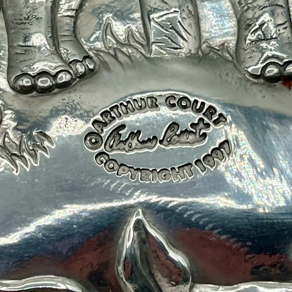 1997 Arthur Court Aluminum Jaguar , Elephant, Bird Tray 7/19 Inch